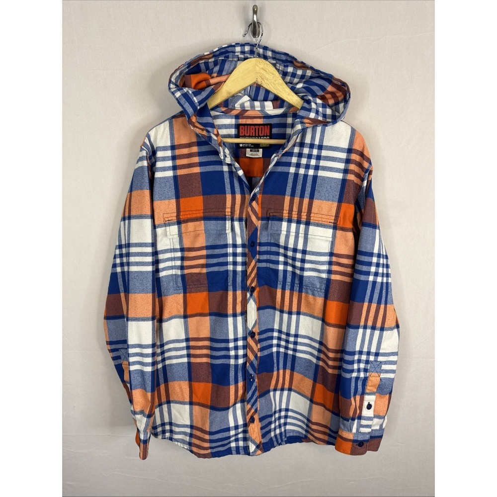 Burton Ruckus Flannel Hooded‎ Shirt Jacket Plaid Blue Orange Men's Medium